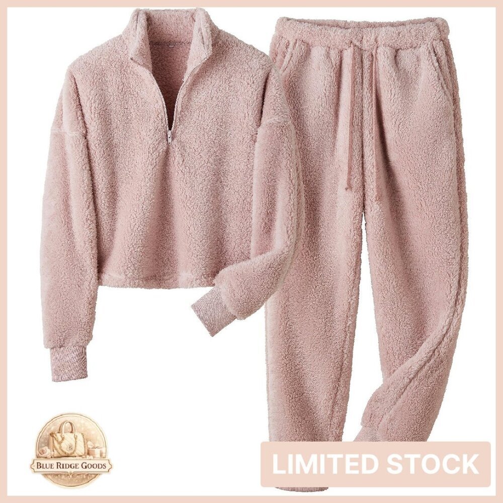 Cozy Fleece Pajama Set Zip-Up Hoodie Lounge Pants Warm Sleepwear